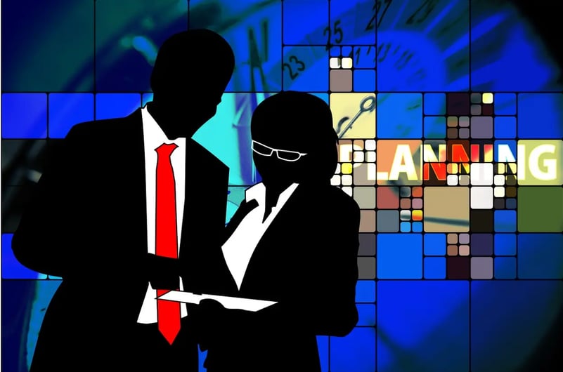 A man and woman discussing content graphic illustration