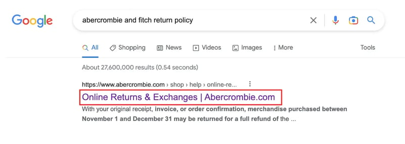 Abercrombie  Fitch return policy ad extension on google ads