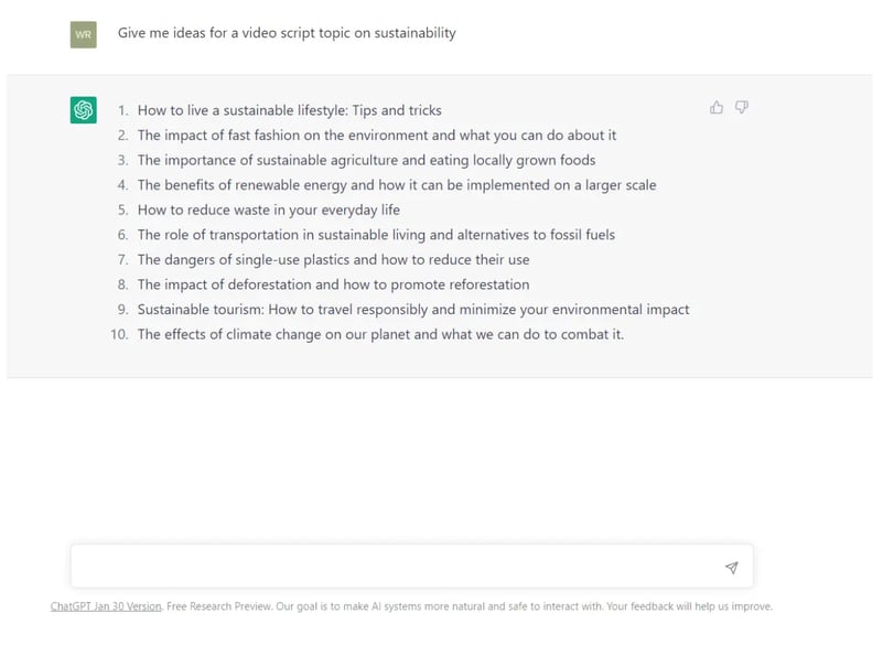  chatgpt suggesting video script topic ideas