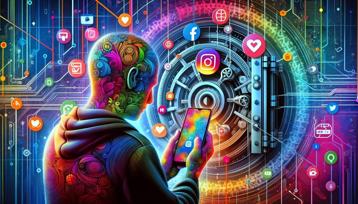DALL-E-3-colorful-image-depicting-a-person-scrolling-on-a-mobile-phone-filled-with-social-media-apps