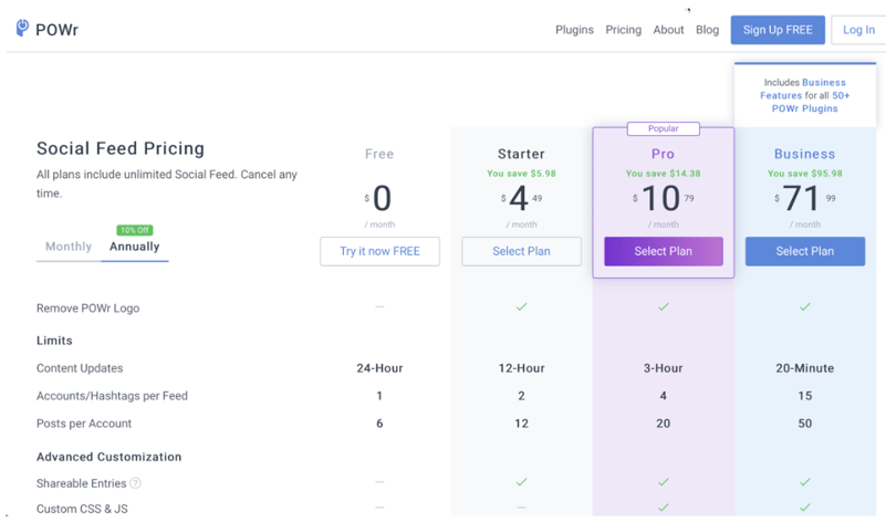 Screenshot of POWR pricing page