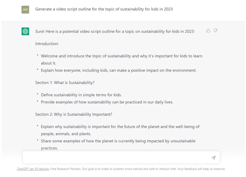 Search results on chatgpt for _Create a video script outline for the topic of sustainability for kids in 2023_