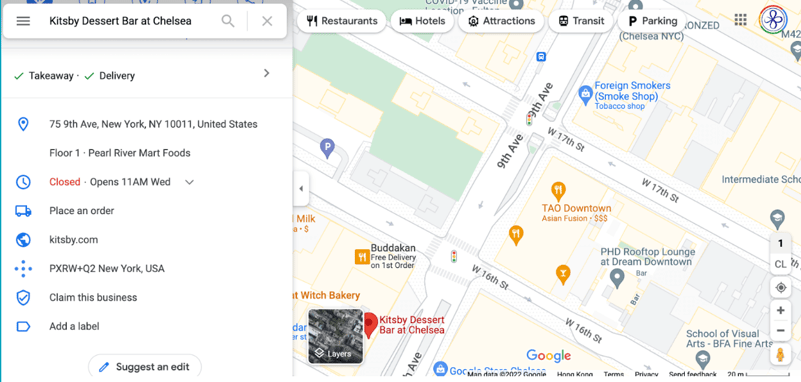 google maps view for kitsby dessert bar at chelsea