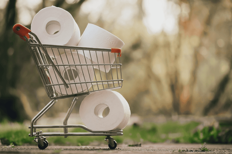 shopping cart with rolls of toilet tissue