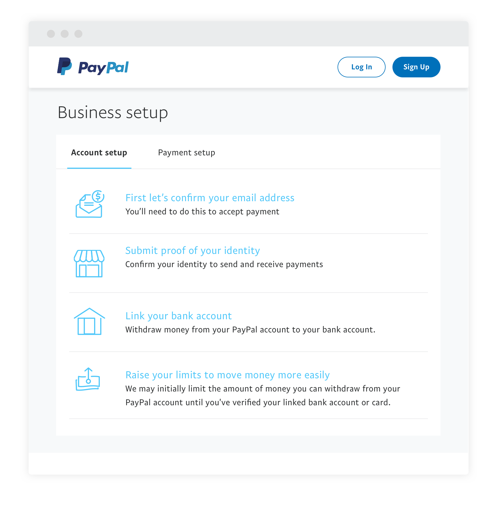 screenshot of paypal business account homepage setup
