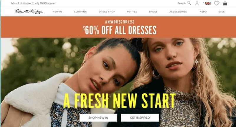 screenshot of dress company promotinng a 60 percent off all dresses sale-1