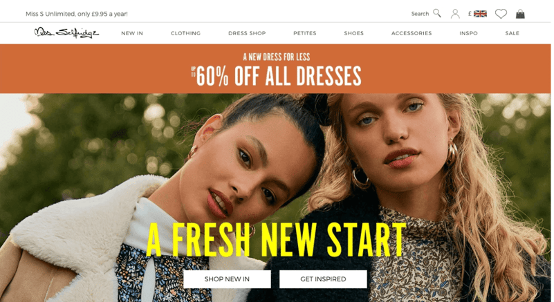 screenshot of dress company promotinng a 60 percent off all dresses sale
