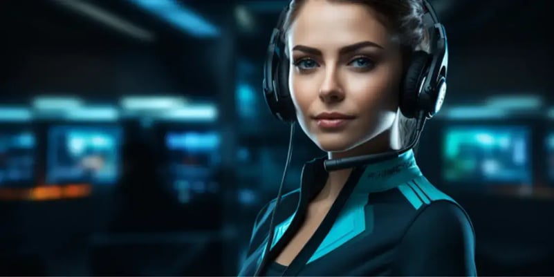 woman-in-futuristic-blue-suit-and-headset-standing-against-a-dark-background