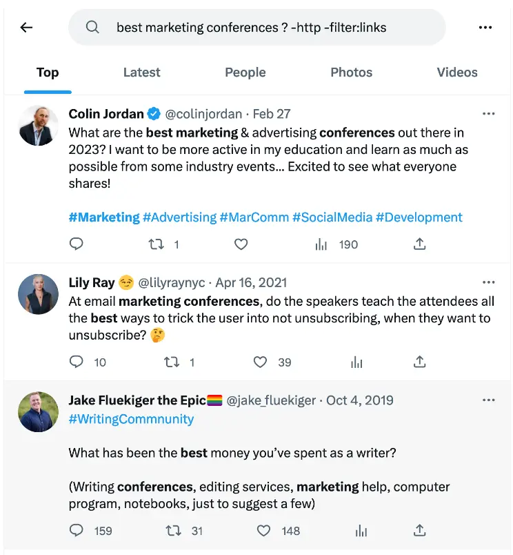 Twitter search of keywords- best marketing conferences