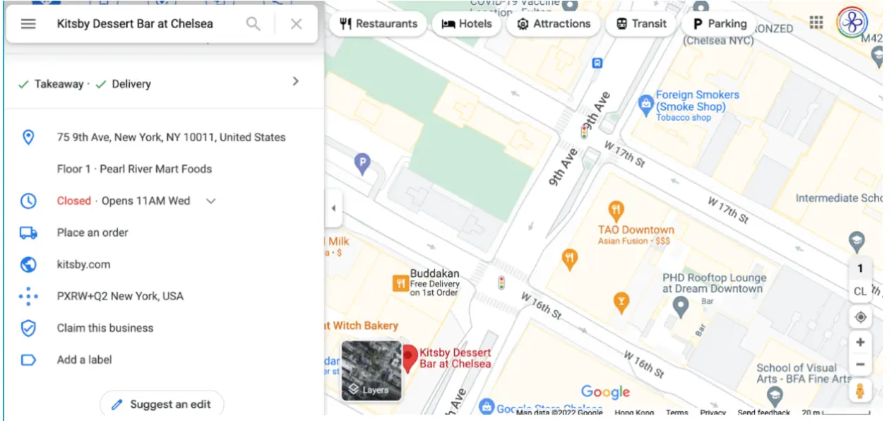 google maps view for kitsby dessert bar at chelsea